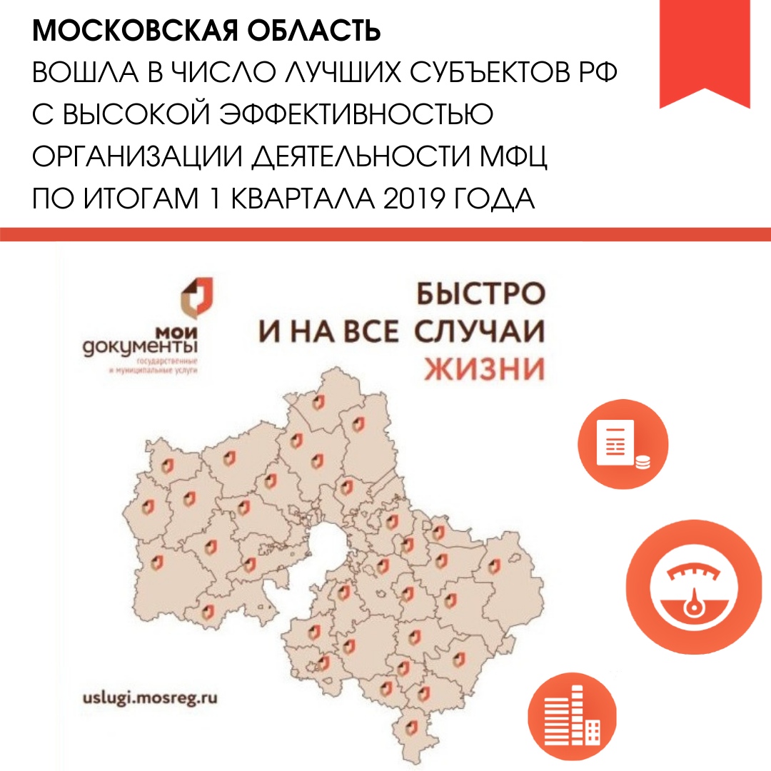 Московская область вошла в число лучших субъектов РФ с высокой эффективностью организации предоставления государственных и муниципальных услуг по принципу «одного окна» за 1 квартал 2019 года!